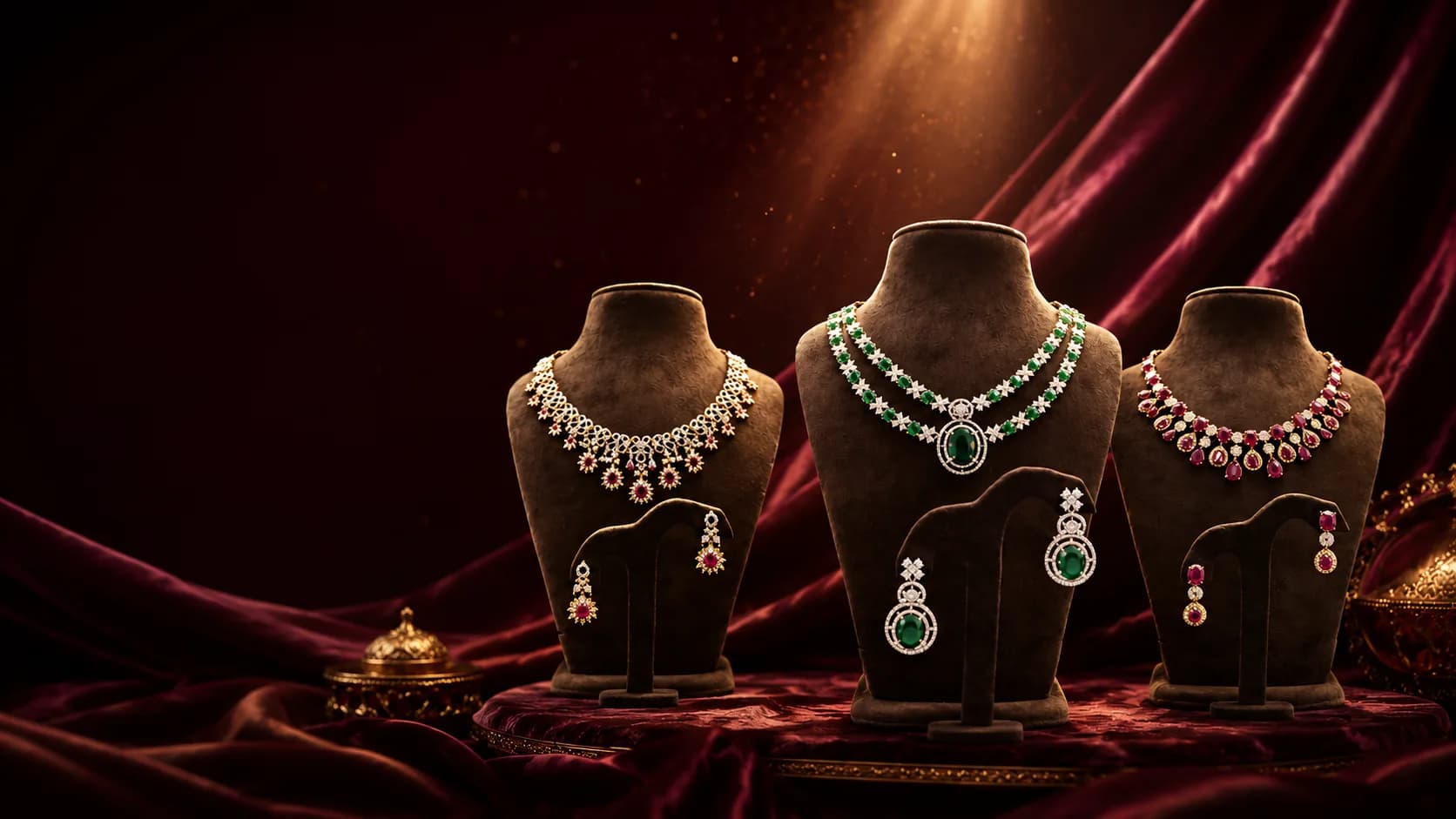 Necklace and earring sets on display — Qamar Jewels