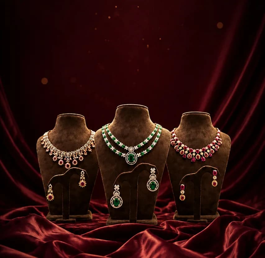 Necklace and earring sets on display — Qamar Jewels